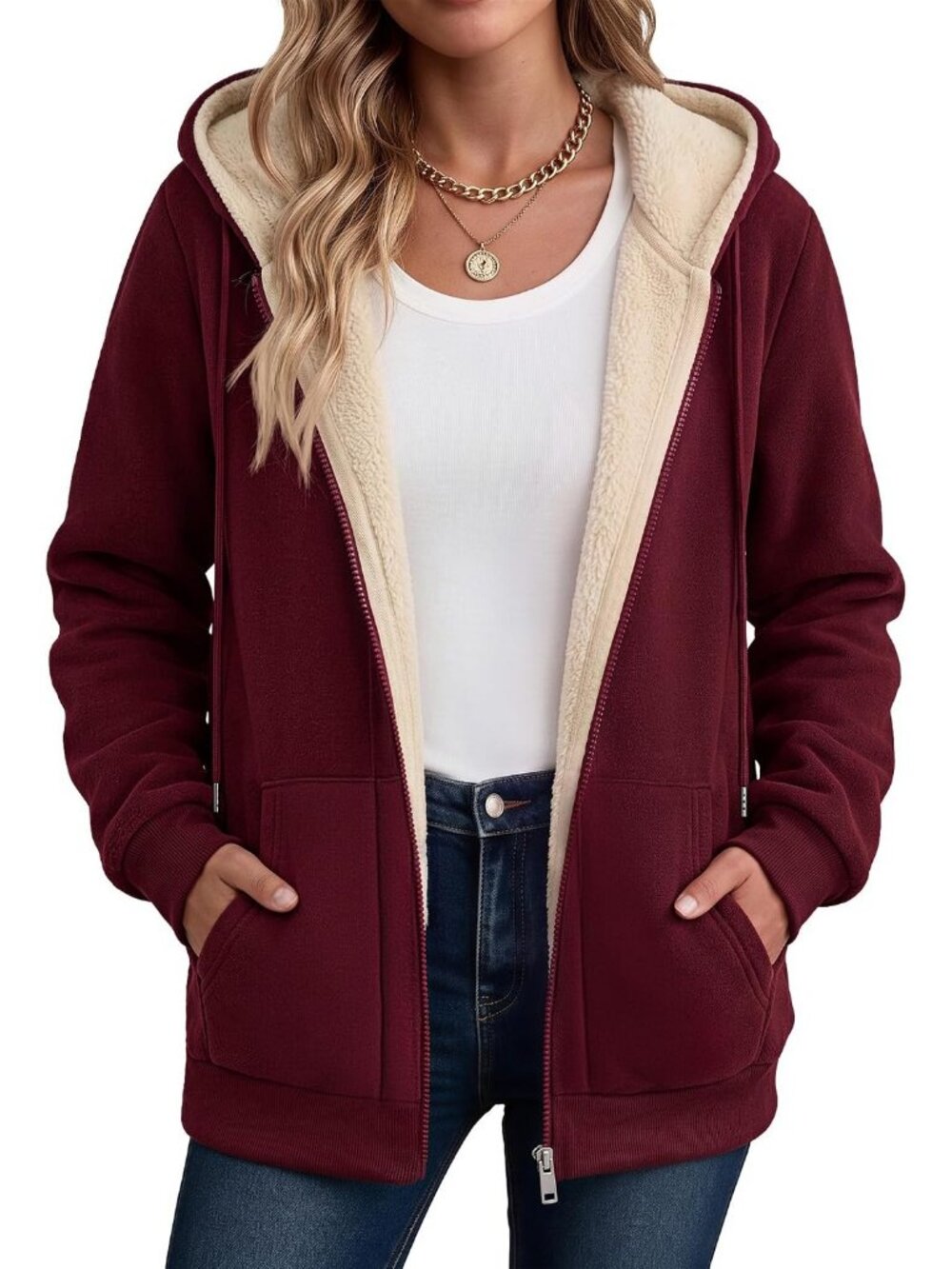 Women's Wine Red Fleece Lined Drawstring Hood Kangaroo Casual Winter Jacket